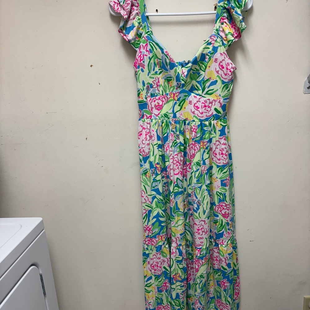 Lilly Pulitzer Pink and Blue Midi Dress with Ruffled Straps